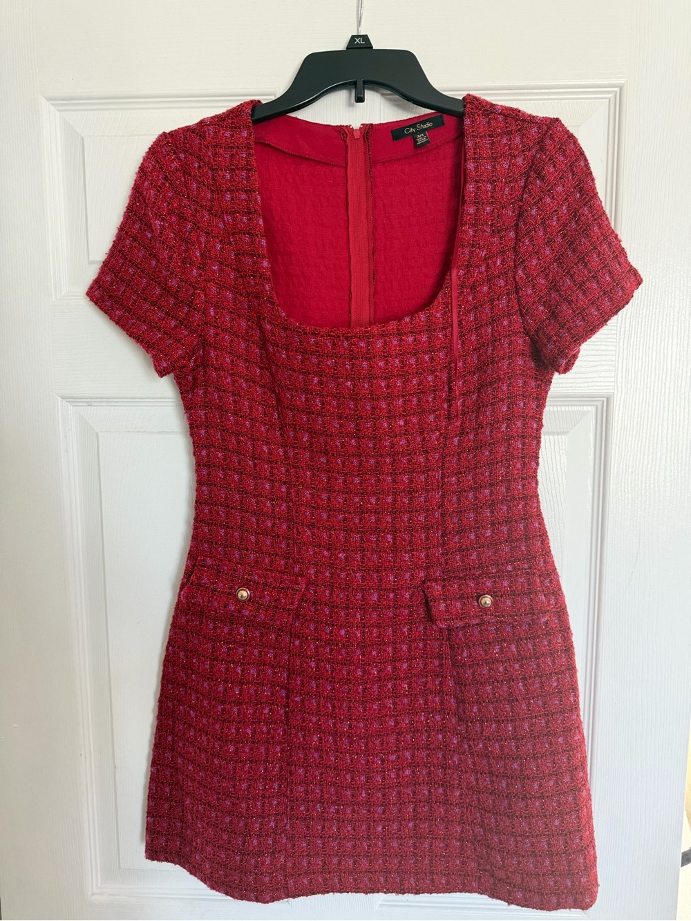 City Studio Red Tweed Short-Sleeve Square-Neck Dress